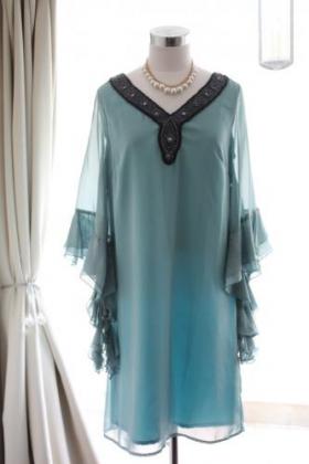 ■貸出終了■ターコイズグリーンが美しいフリル袖ドレス　56/67